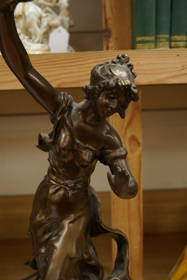 After Louis Auguste Moreau (1855-1919), a spelter figural table lamp ‘Charmeuse’, 67cm. Condition - good, not tested